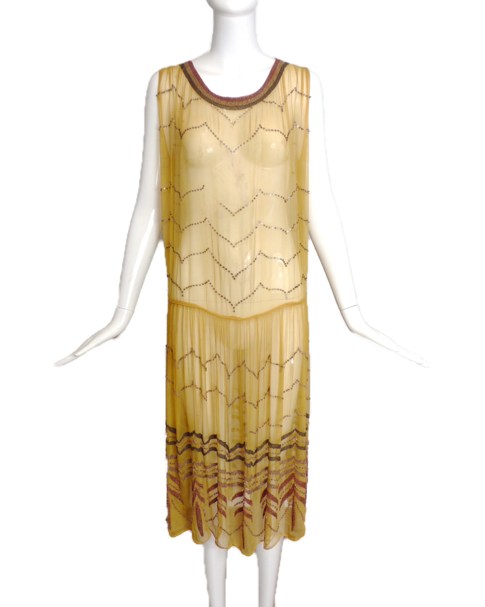 1920's Yellow Beaded Chiffon Evening Dress MARTINI CONSIGNMENT 1920's Yellow Beaded Chiffon Evening Dress MARTINI CONSIGNMENT