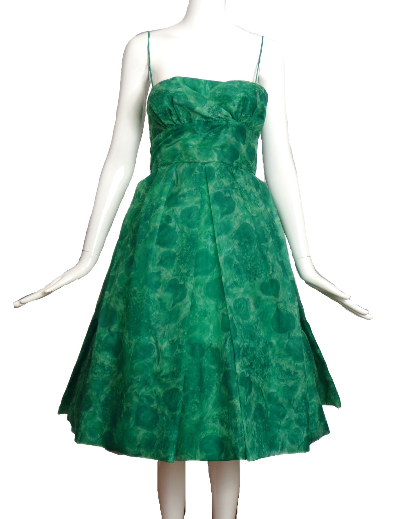 1950s Green Organza Print Dress, Size-4